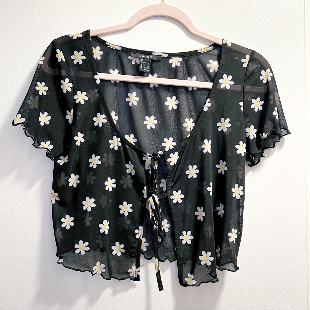 Forever 21 Black Sheer Cropped Tie Front Daisy Flower Top